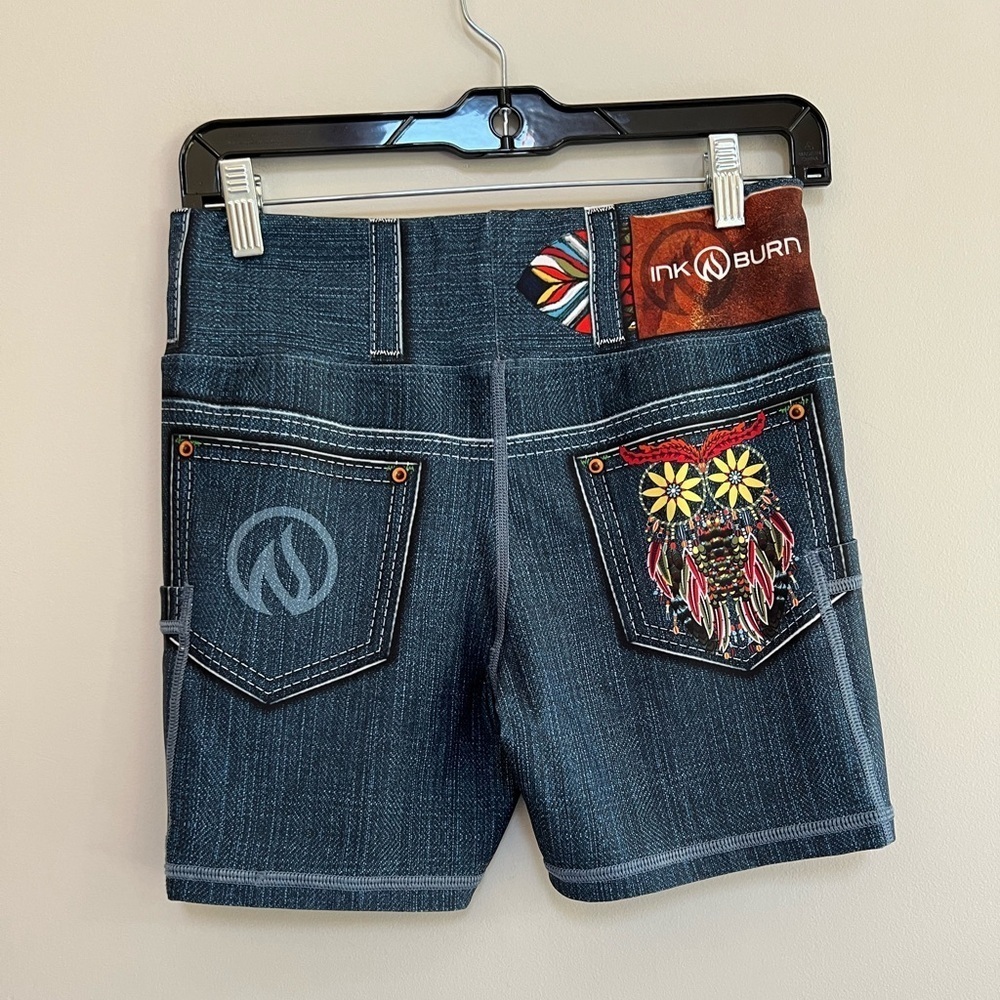 INKnBURN Black Denim 4" Owl Running Bike Shorts Drawstring Pockets Blue, size 6 - Picture 3 of 7